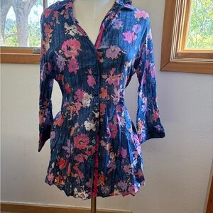 NIC+ZOE Floral Button Down Shirt - Blue and Pink